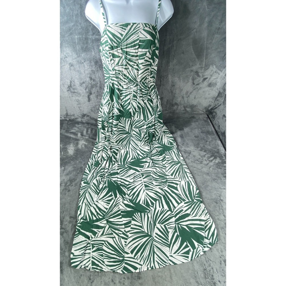 Women Maxi Dress Size Large Tropical Palm Leaf Linen Blend Resort Vacation Green
